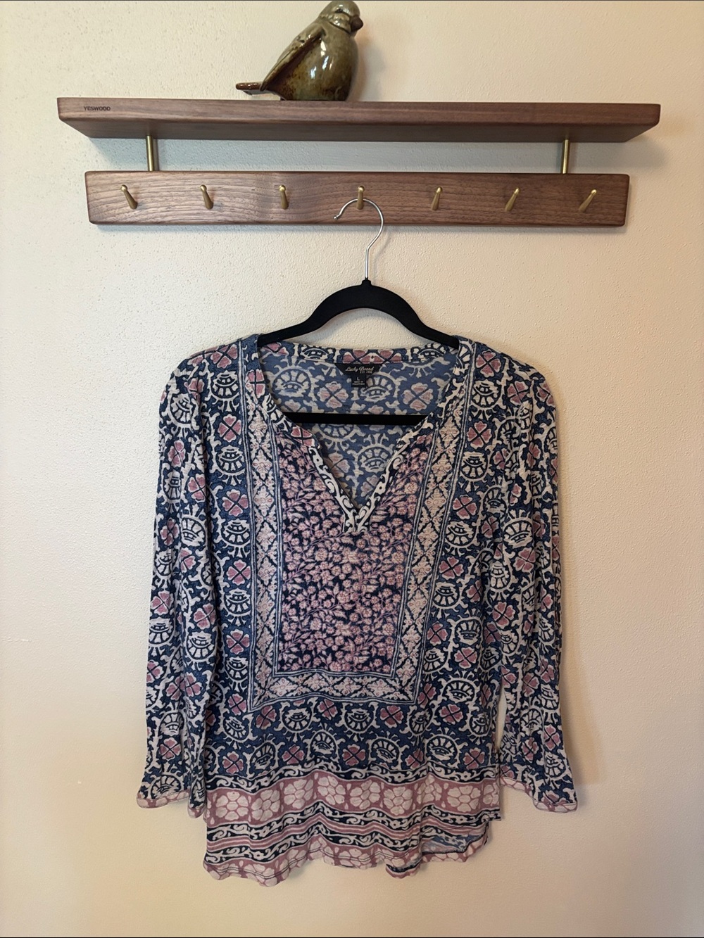 Lucky Brand Blue & Pink Boho V-Neck Peasant Blouse